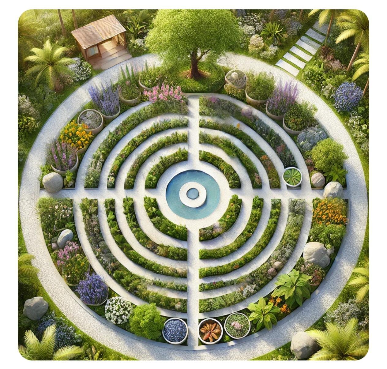 Aerial reference of a circular labyrinth herbal medicinal garden