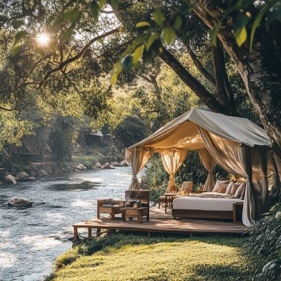 Glamping tents around a central fire pit at sunset