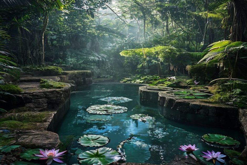 Sacred spring pools with blue lotus