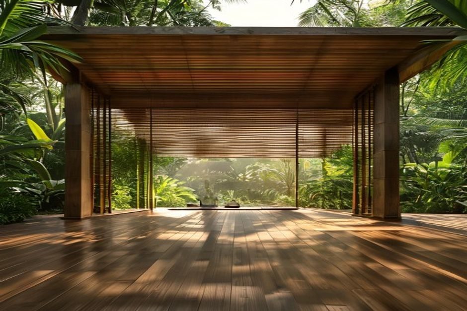 Open-air bamboo yoga shala with sliding walls